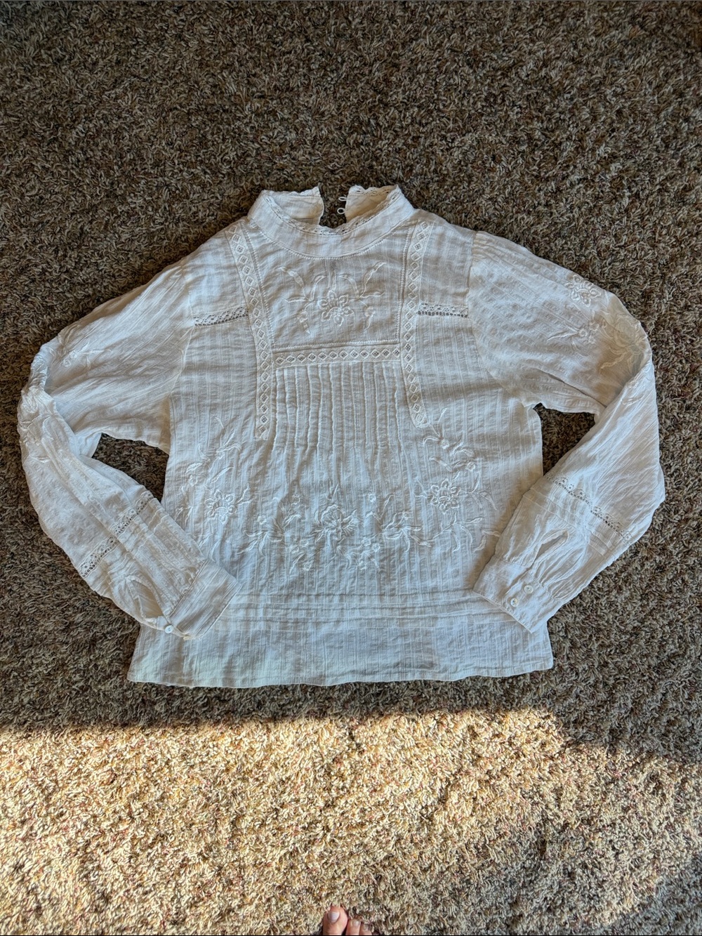Jennifer & Grace Embroidered Cotton long sleeve Ivory Lace Prairie Blouse S